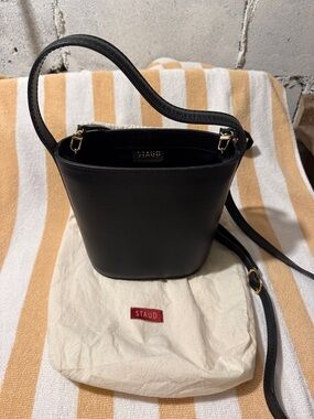 STAUD Black Leather Bucket Crossbody with Gold Hardware